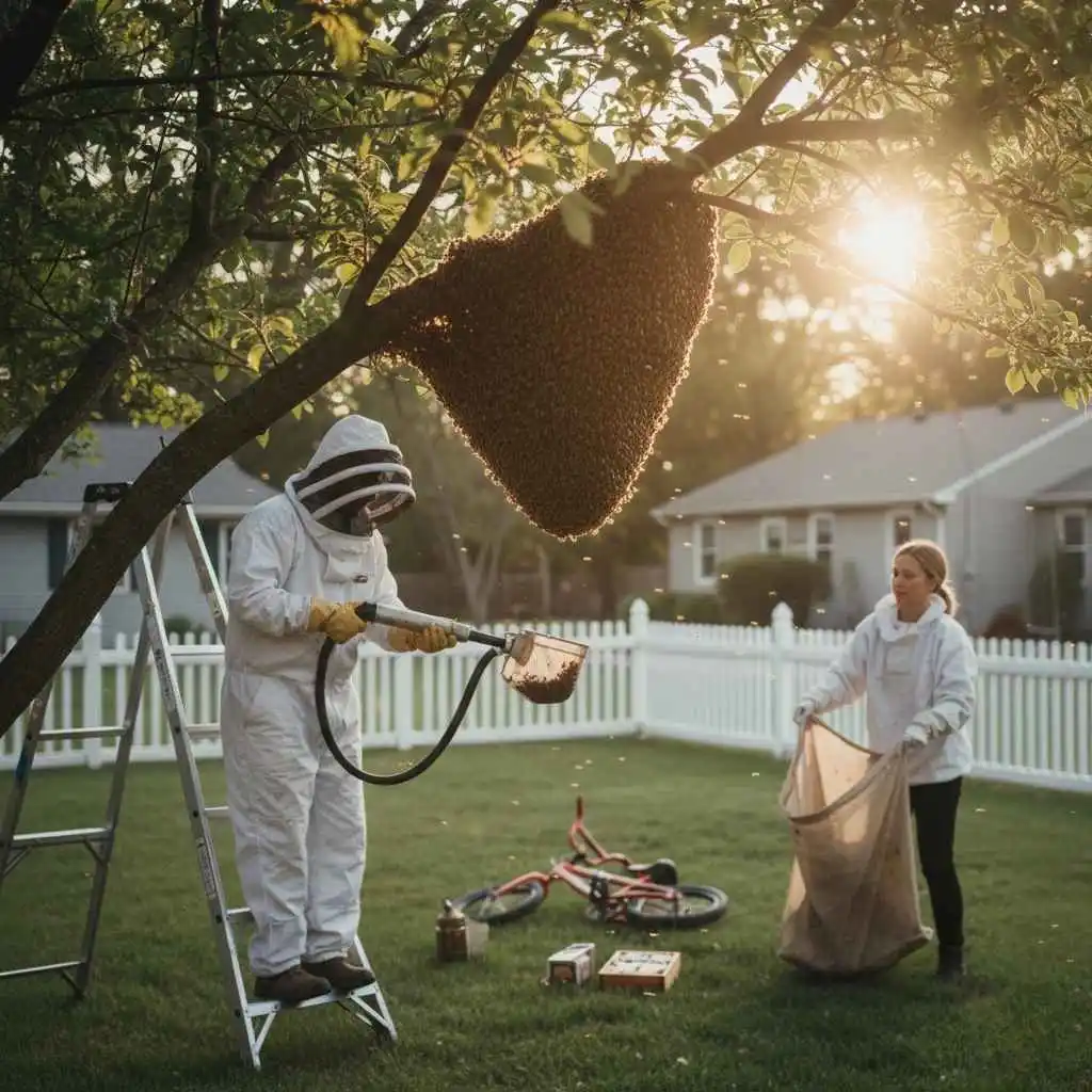 Technician safely removing a swarm