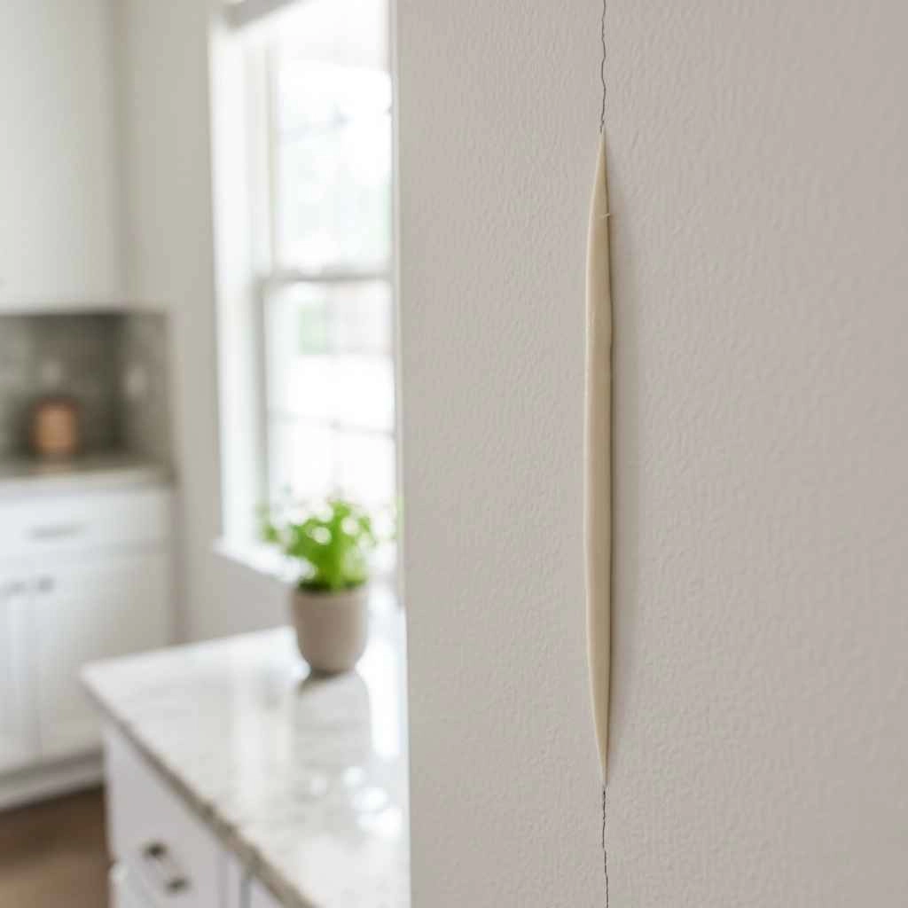 Close-up of sealed crack in kitchen wall