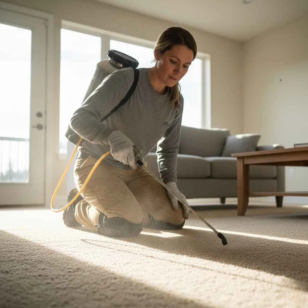 pest control technician treating carpet