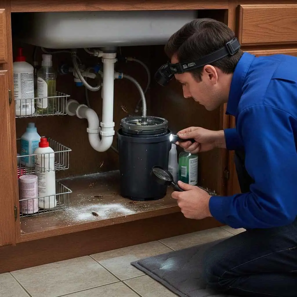 technician inspecting under kitchen sink