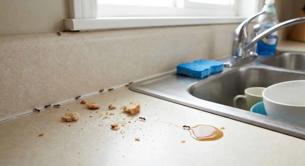 ants near a kitchen countertop or sink area.