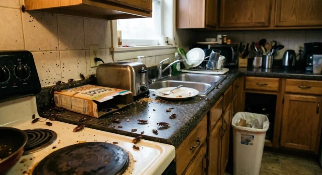 cockroach infestation in kitchen area