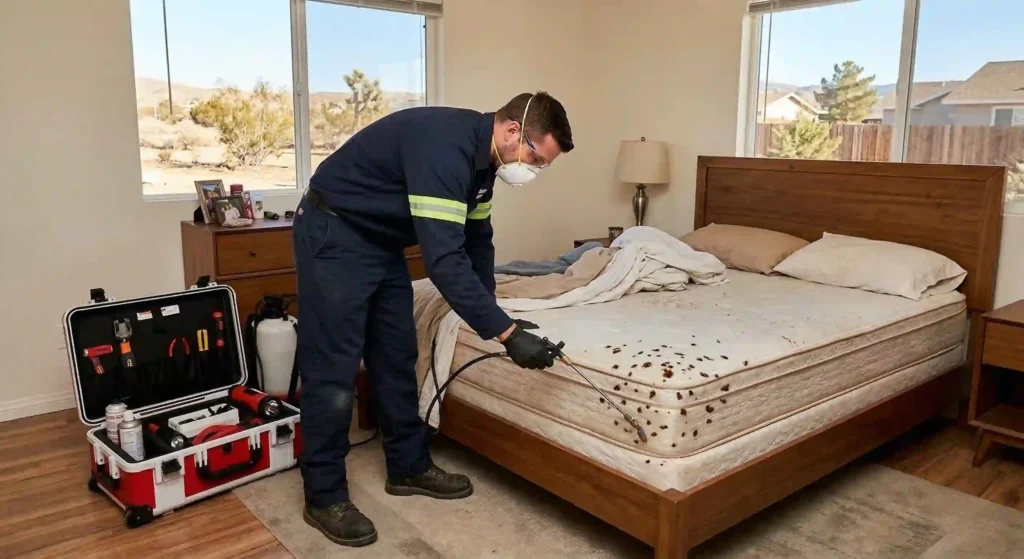 mattress corner with visible small dark spots indicating pest activity.