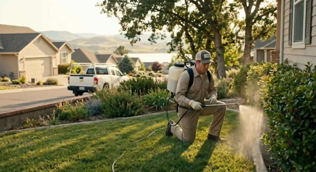 mosquito control technician spraying yard perimeter