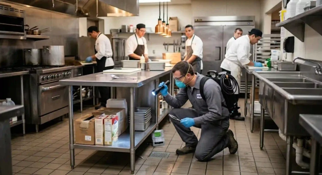pest control technician inspecting commercial kitchen