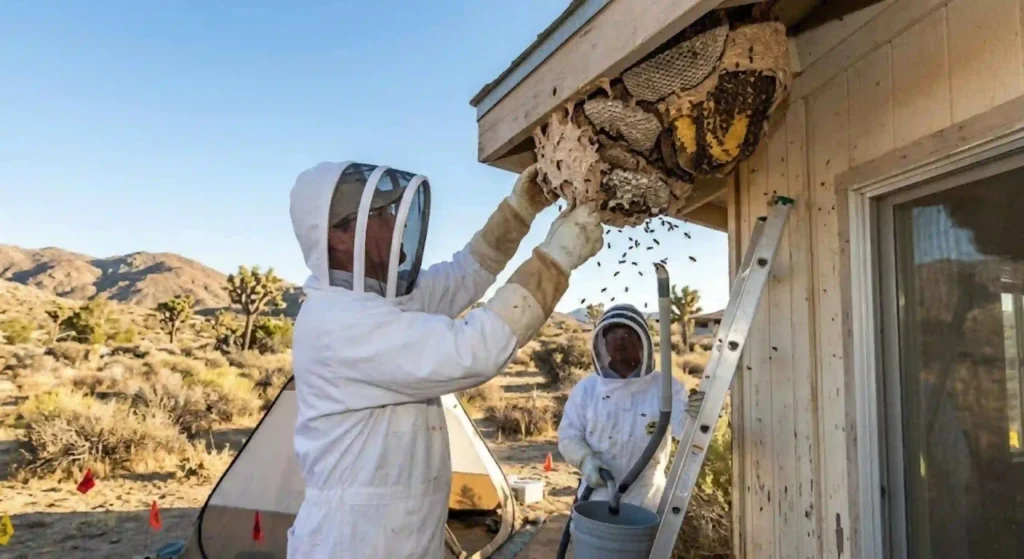 pest control technician removing nest
