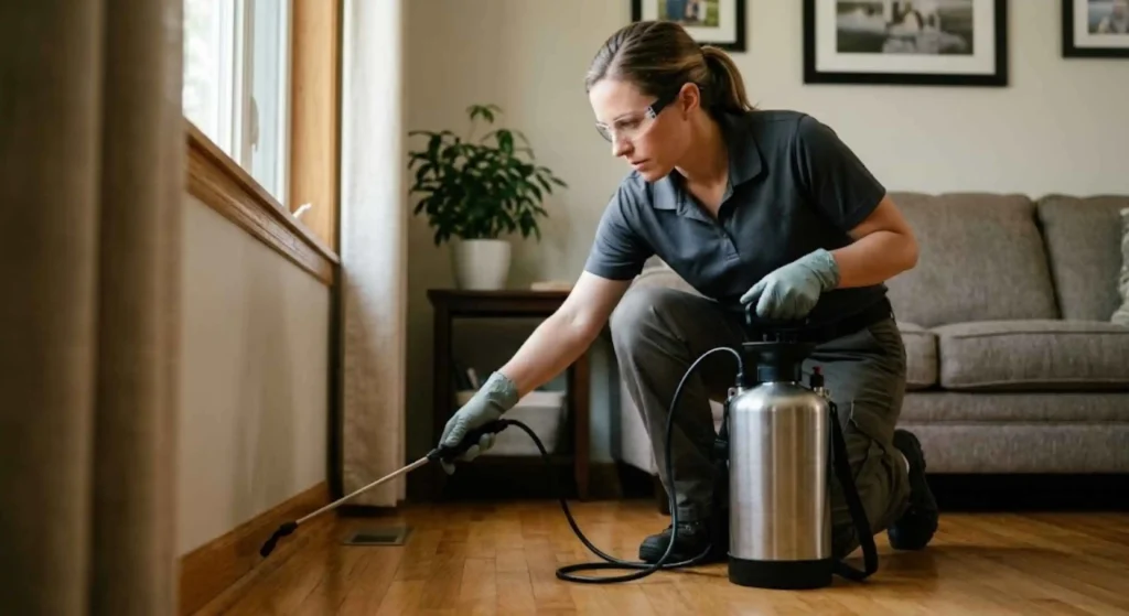 pest control technician treating home interior